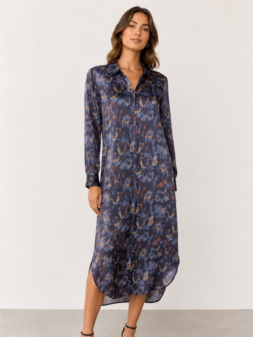 Nordstrom Rack Long Sleeve Blue Abstract Satin Midi Shirt Dress Women’s XS